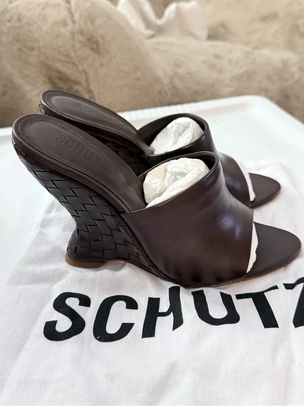 SCHUTZ Dark Brown Leather Open-Toe Mule Heels